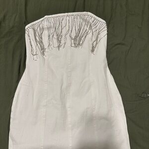 Denim Strapless White Dress with Silver Fringe Detail
